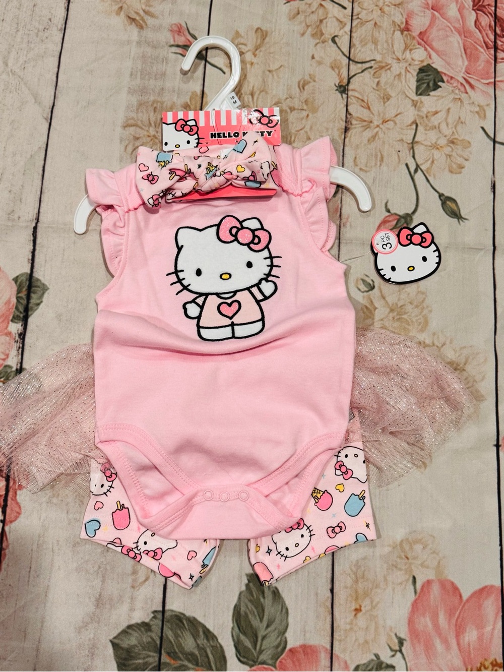 Hello Kitty Baby Girl Set Pink Ice Cream Tutu Skirt, Shorts & Bow 18 Months NWT
